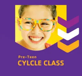 Image of a pre-teen girl smiling, text on the image reads "Pre-Teen Cycle Classs"